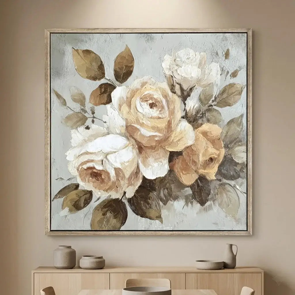 Framed floral painting on a wall above a wooden cabinet.