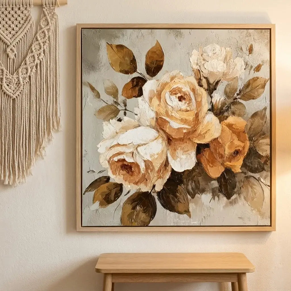 Framed floral artwork on a wall with a wooden bench below