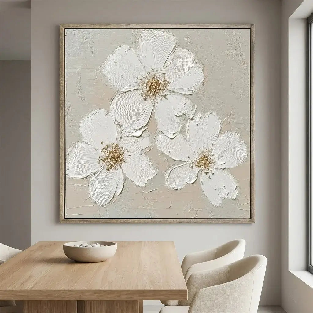 Framed artwork of white flowers on a wall above a dining table.