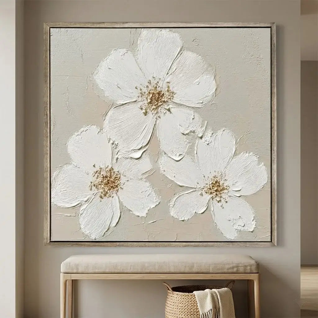 Framed artwork of white flowers with gold centers on a beige wall above a wooden bench.