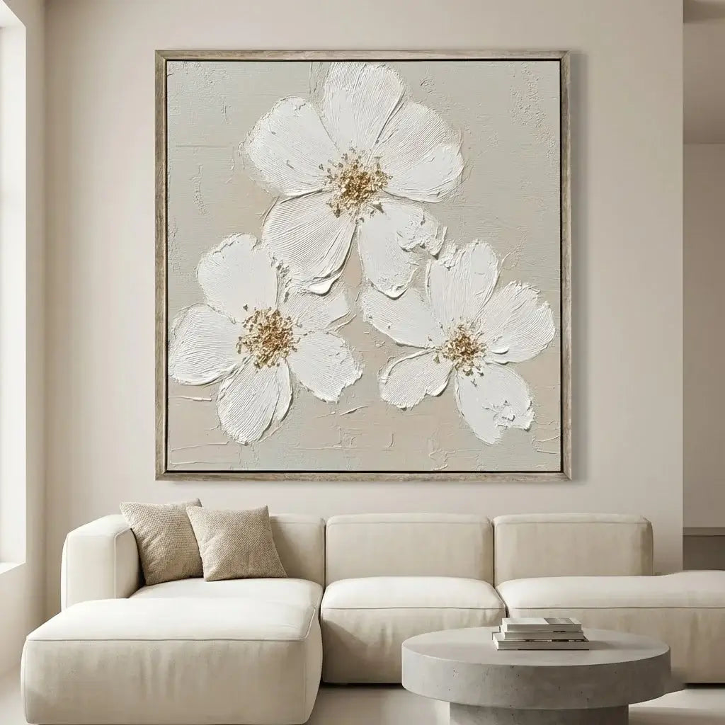 Framed floral artwork above a beige sofa in a living room setting.