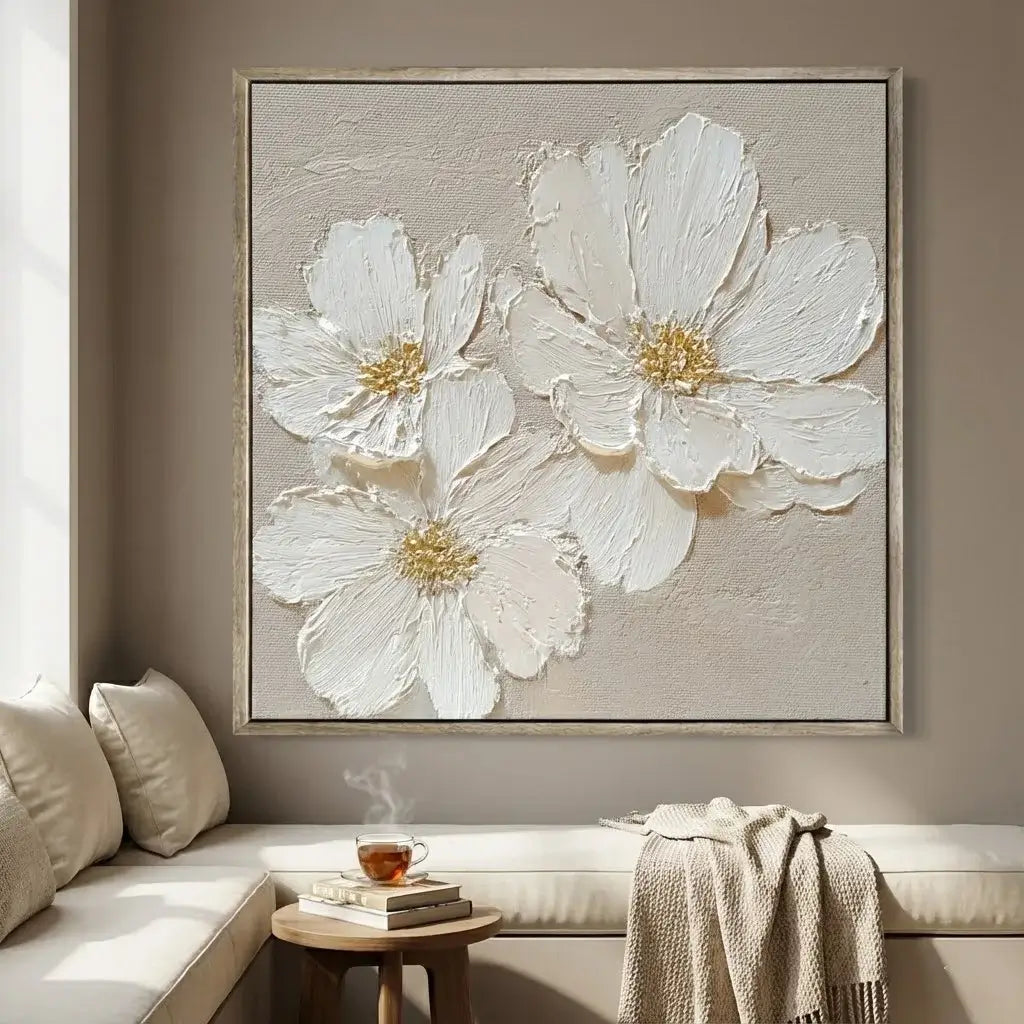Framed artwork of white flowers on a wall above a sofa in a living room.