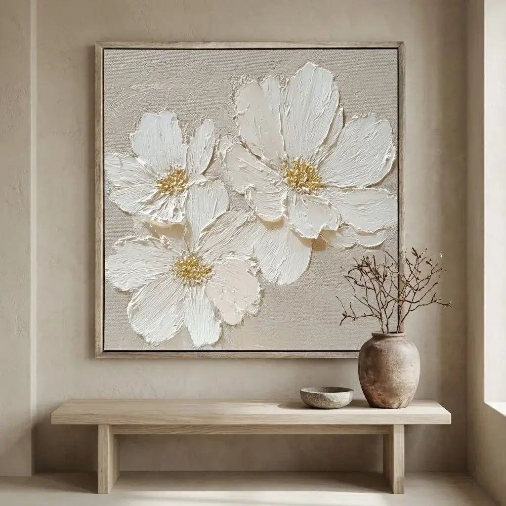 Framed floral artwork on a wall above a wooden bench with decorative items.