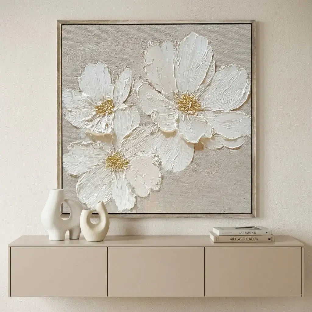 Framed artwork of white flowers on a beige wall above a cabinet with decorative items.