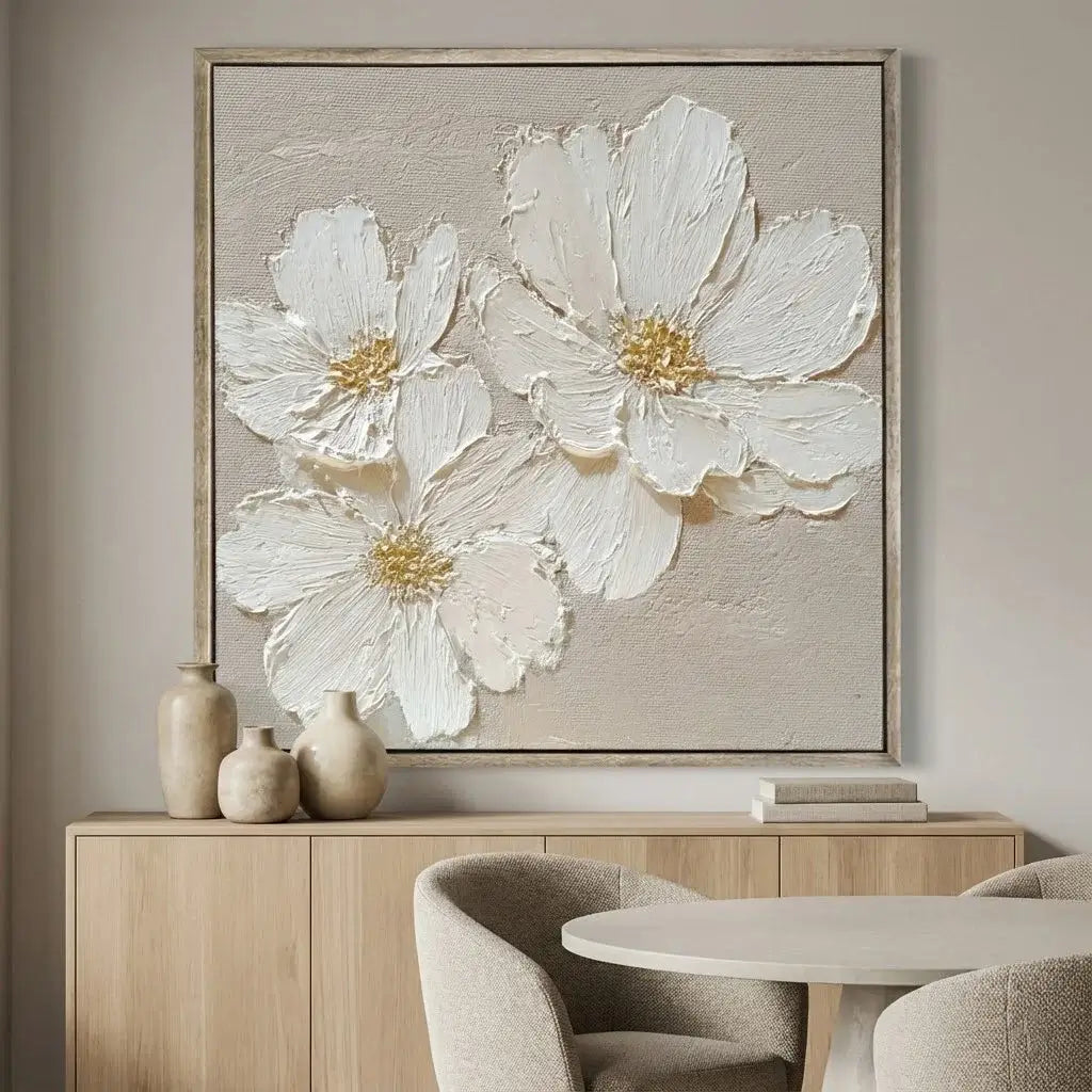 Decorative wall art of white flowers with gold centers on a neutral wall above a wooden cabinet.