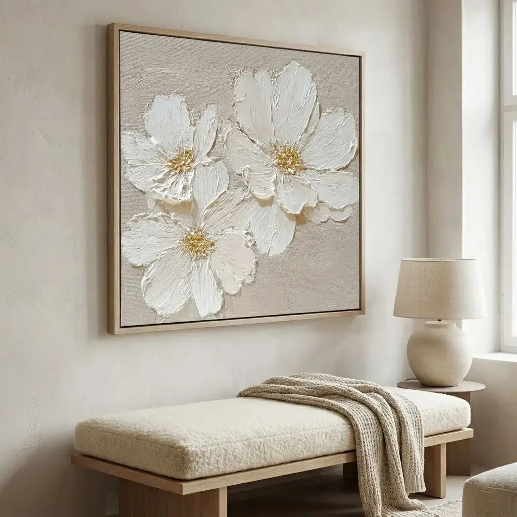 Floral artwork on a wall above a bench with a lamp beside it.