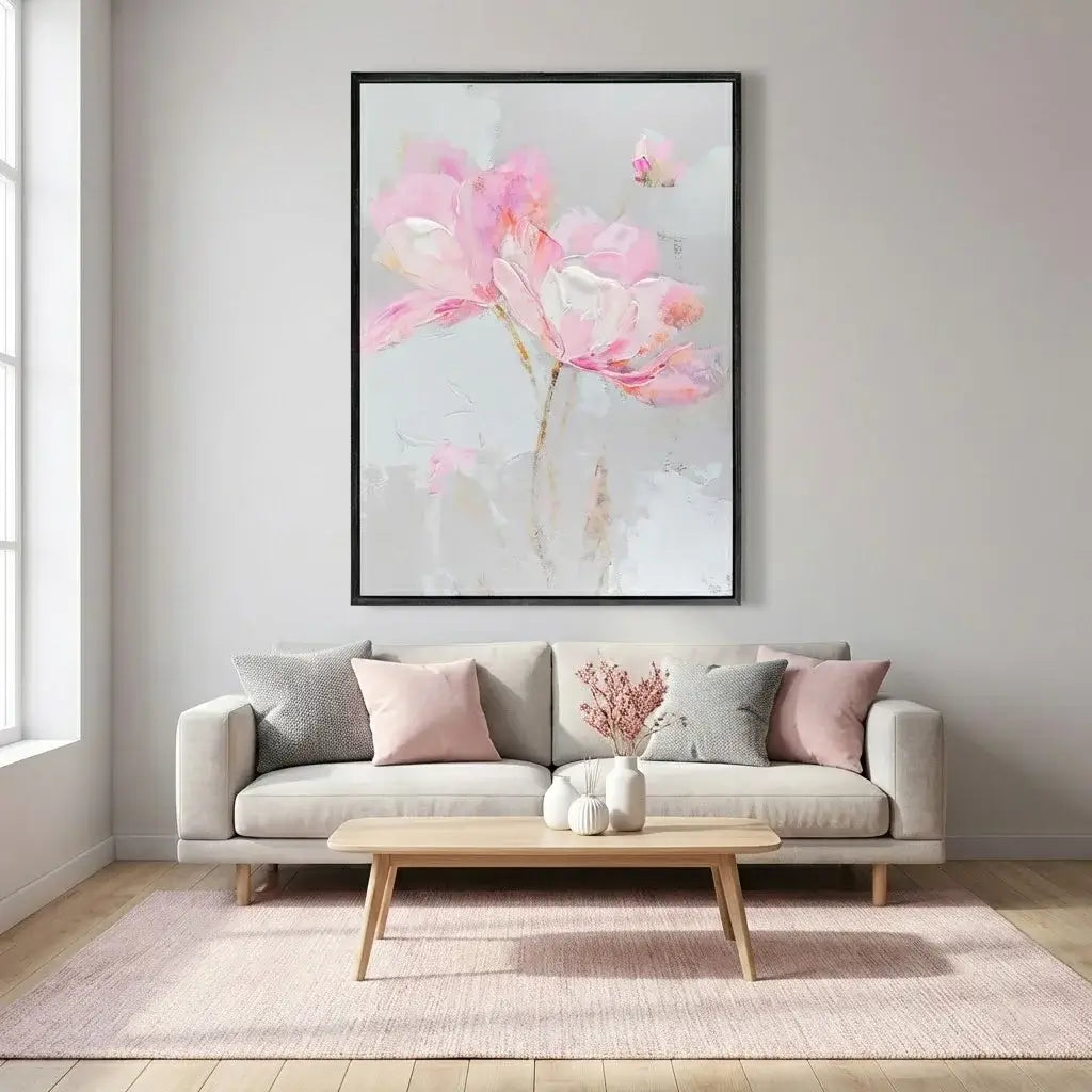 Floral artwork above a sofa in a living room