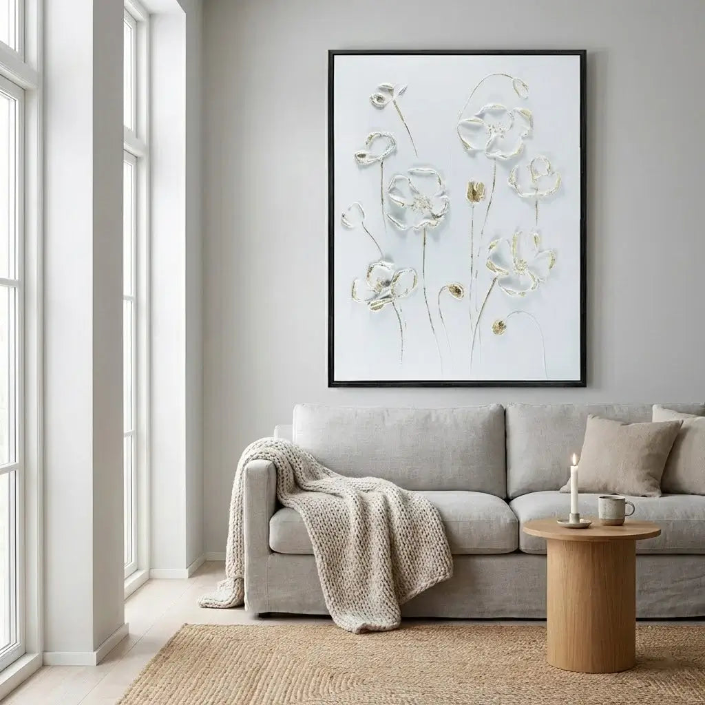 Living room with a gray sofa, wooden coffee table, and floral artwork on the wall.