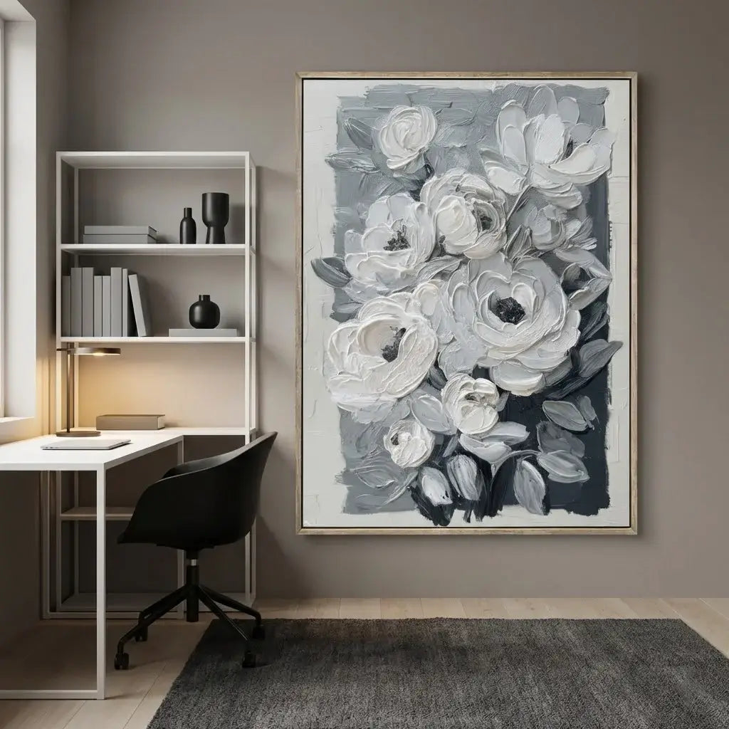Floral artwork on a wall above a desk in a home office setting