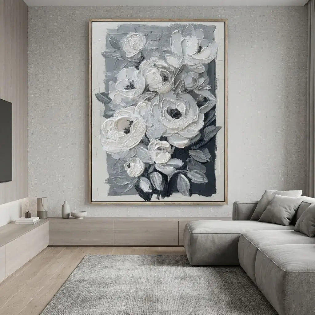 Living room with a large abstract floral painting on the wall above a sofa.