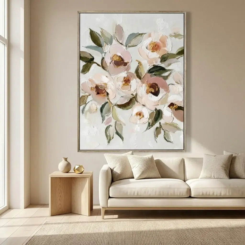 Floral artwork on a wall above a beige sofa in a living room.