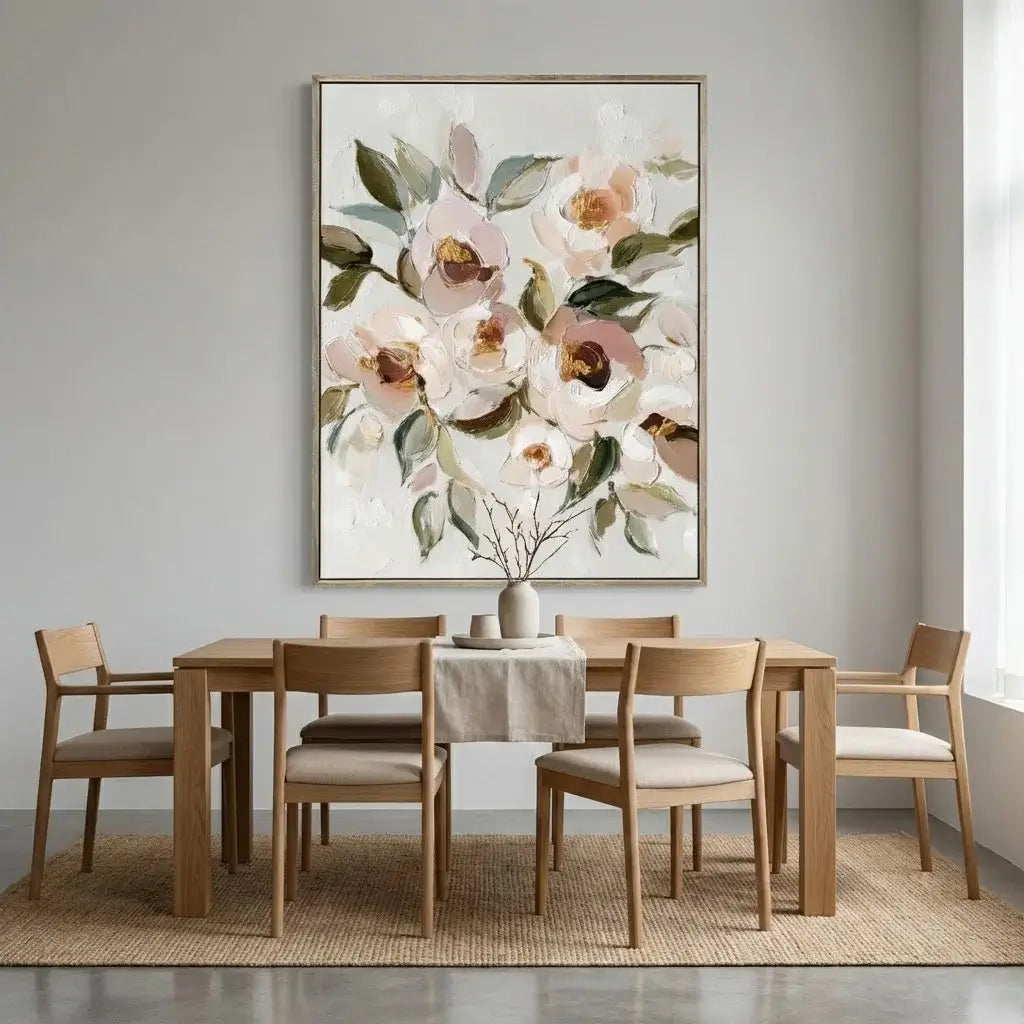 Dining room with wooden table and chairs, floral painting on the wall.