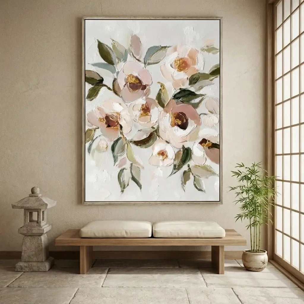 Floral painting on a wall above a wooden bench with a stone lantern and plant in the room.