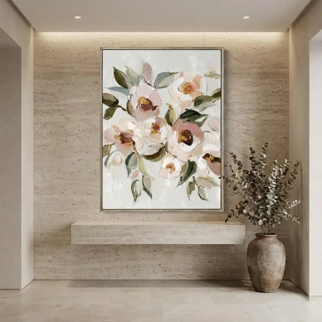 Floral artwork on a wall in a modern interior setting with a vase of flowers on a shelf.