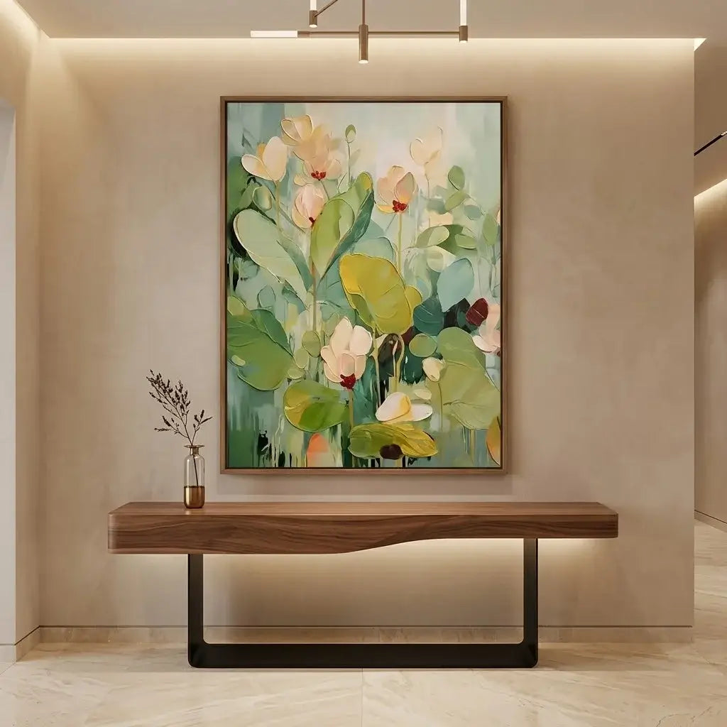 Floral painting above a wooden bench in a modern interior setting