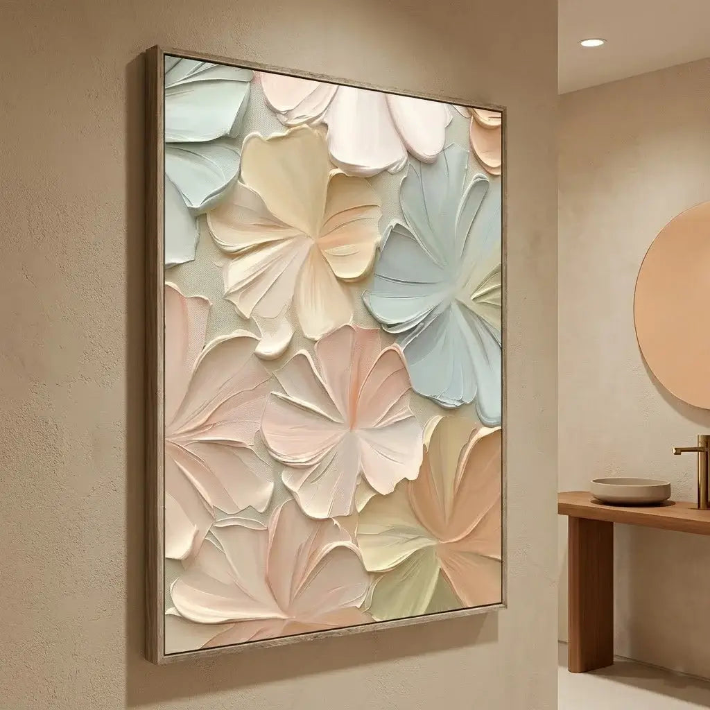 Decorative wall art with pastel-colored floral design in a modern interior setting.