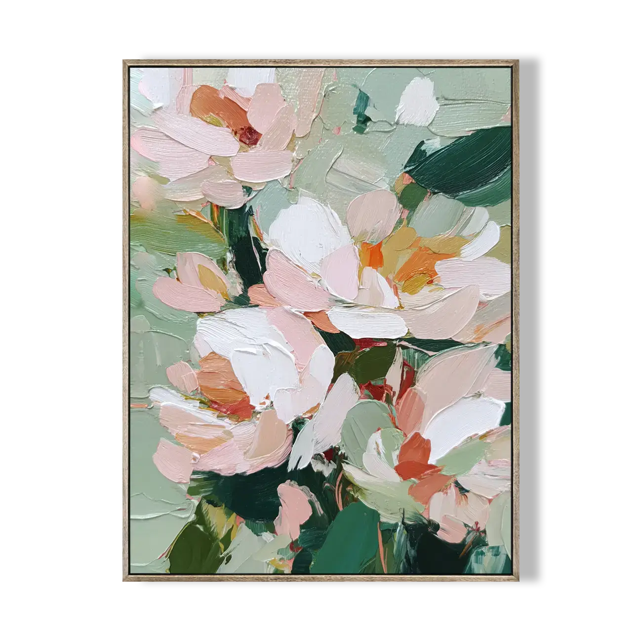 Framed abstract floral painting with soft colors on a white background