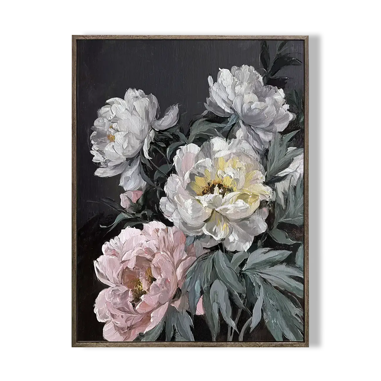 Framed artwork of pink, white, and gray flowers on a dark background
