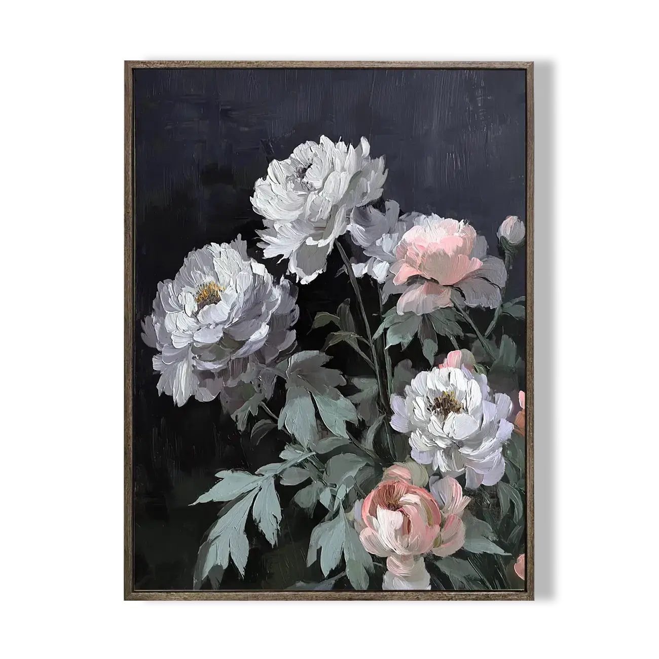 Framed artwork of white and pink flowers on a dark background