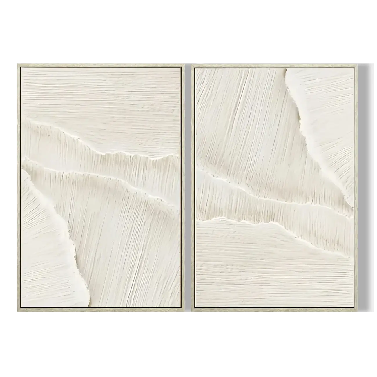 Two abstract art pieces with white and beige brushstroke patterns on a white background.
