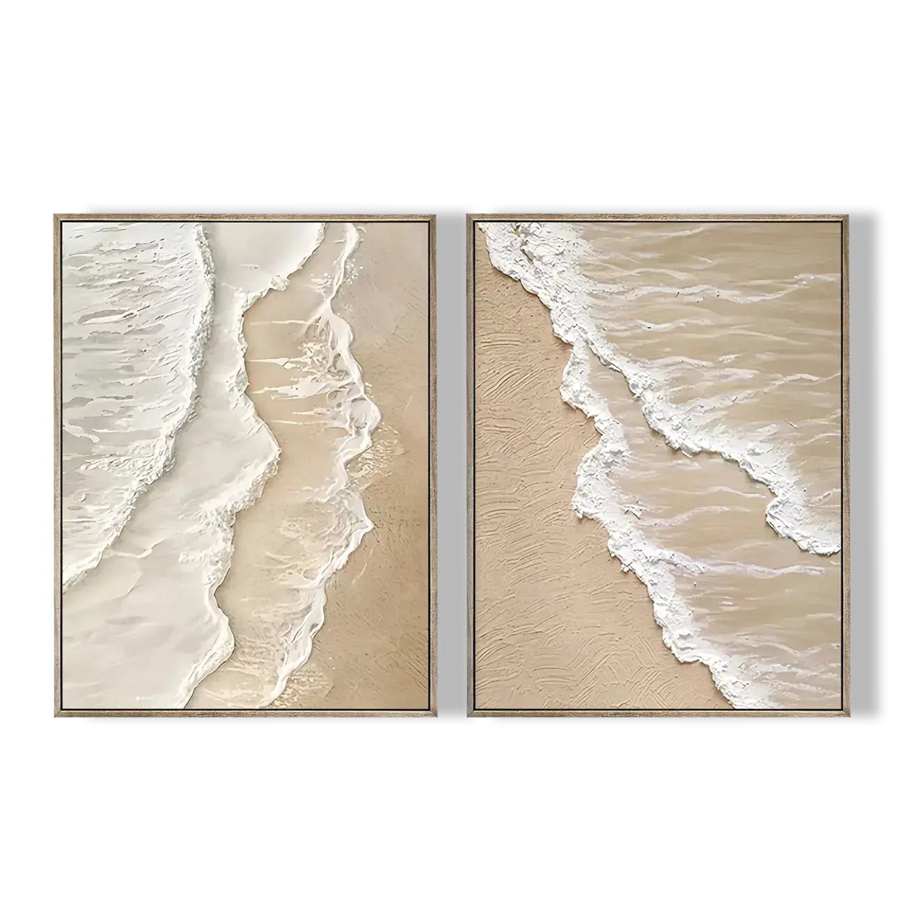 Two framed artworks depicting beach scenes with waves and sand.