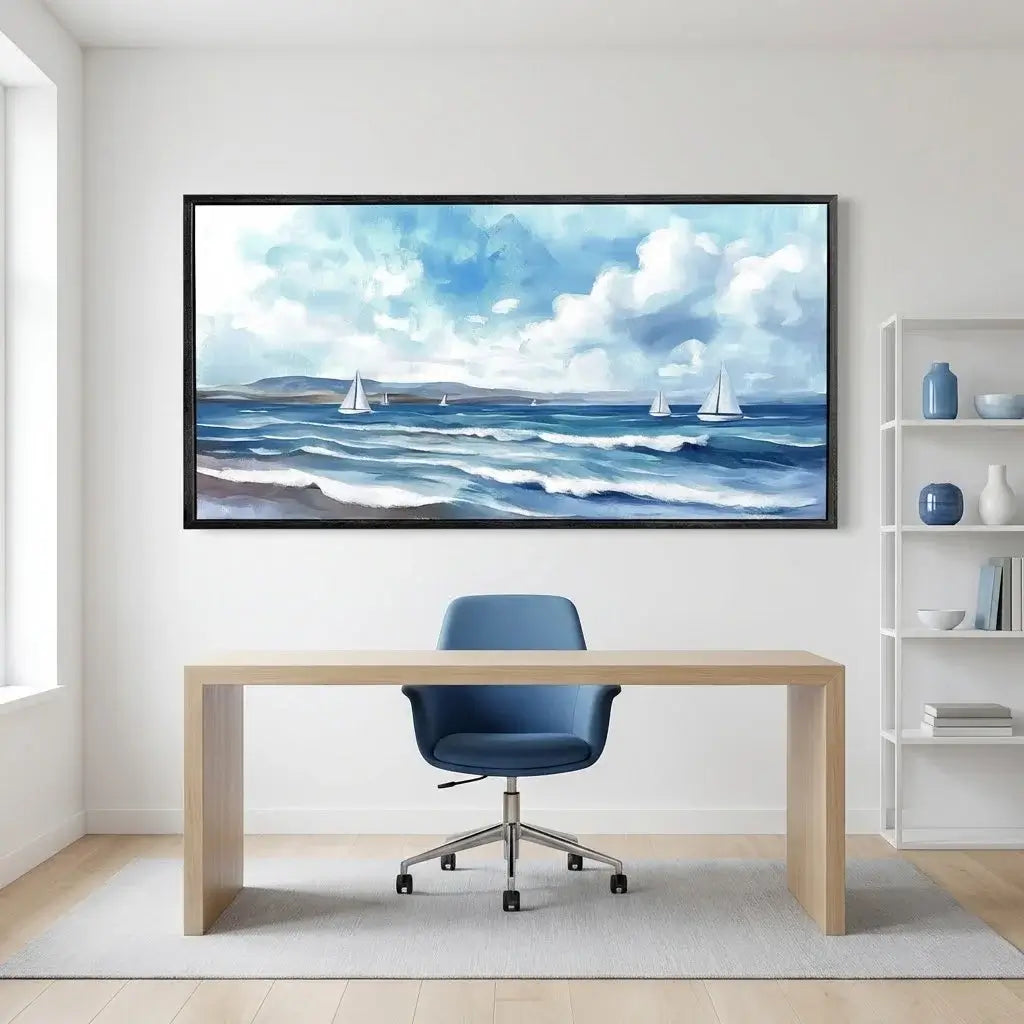 Modern office setup with a desk, chair, and wall art of a seascape.