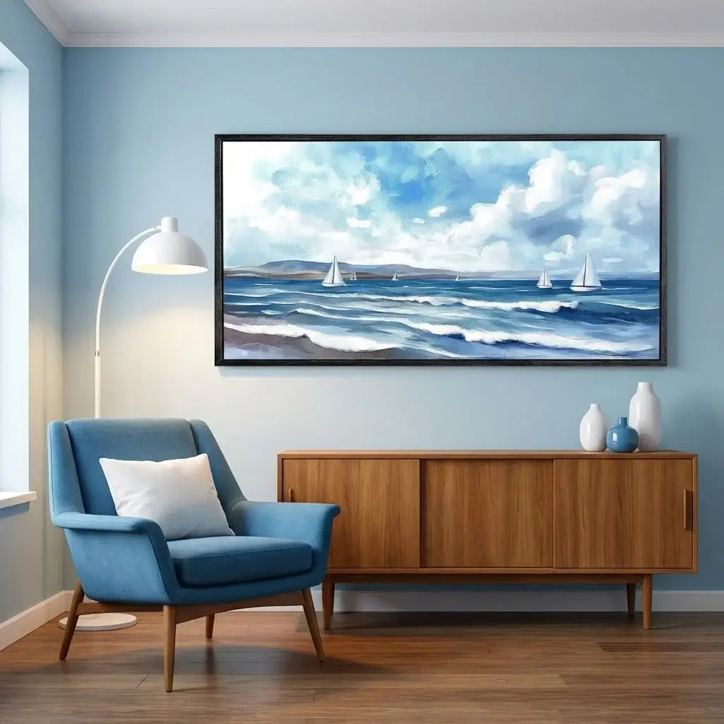 Living room with a blue armchair, wooden sideboard, and a large seascape painting on the wall.