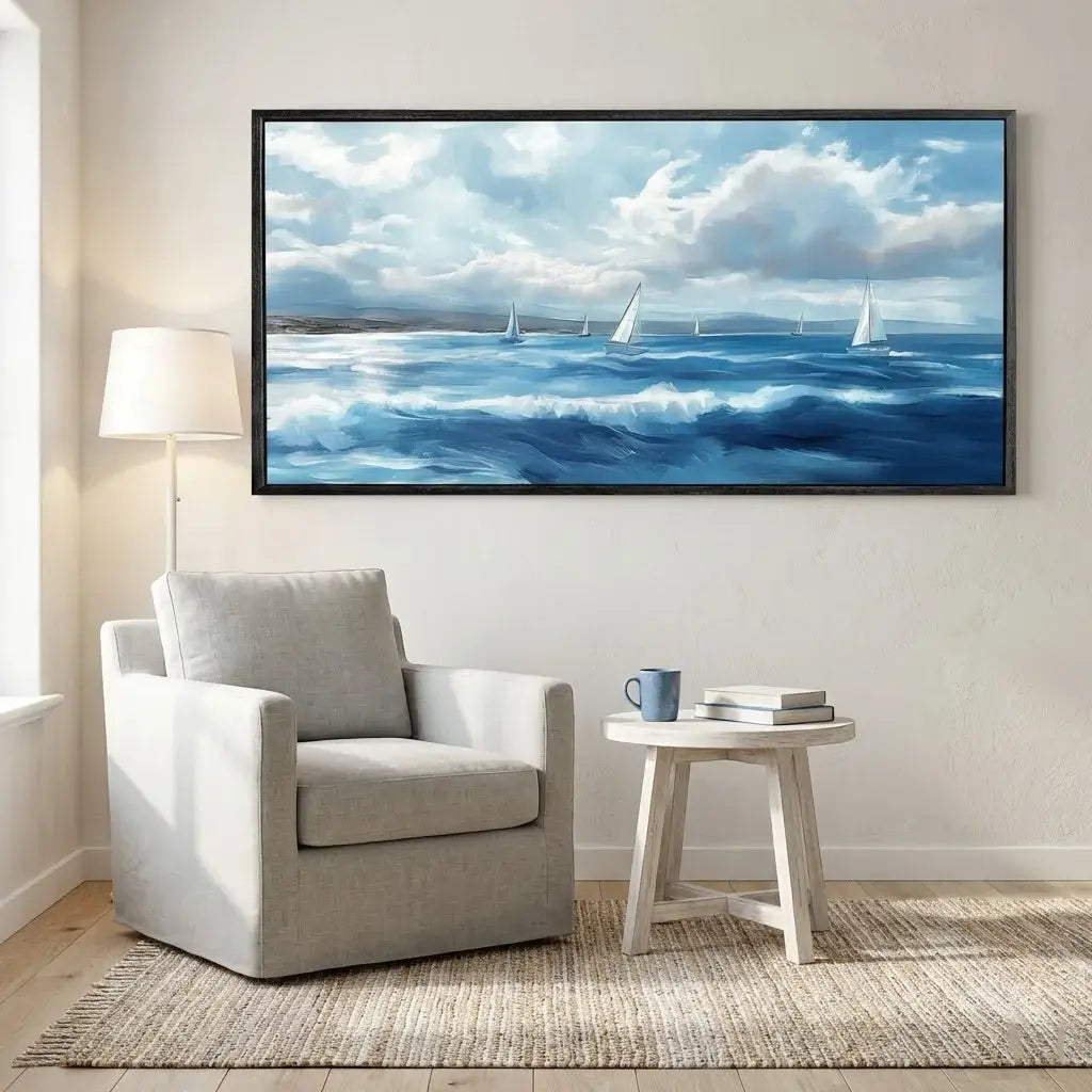 Living room with a large framed seascape painting, armchair, and side table.