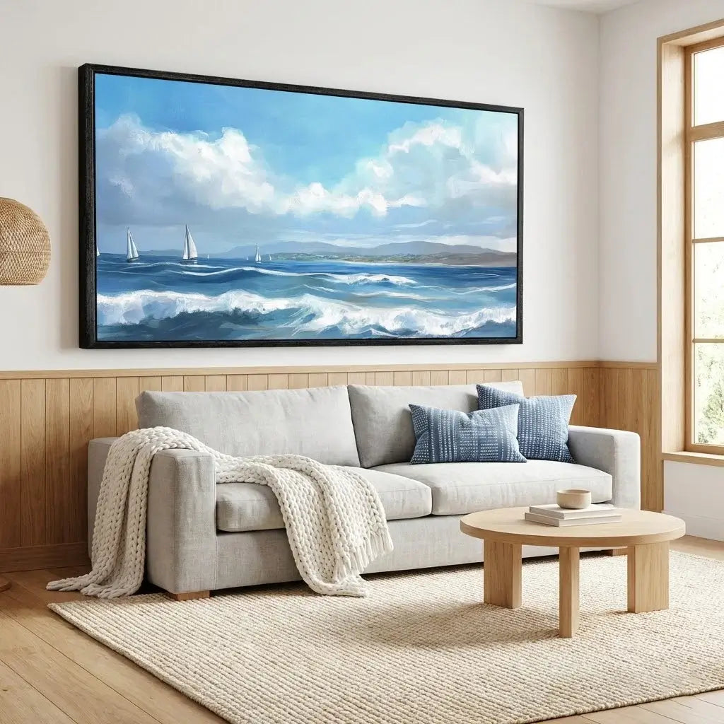 Living room with a gray sofa, wooden coffee table, and a large painting of a coastal scene on the wall.