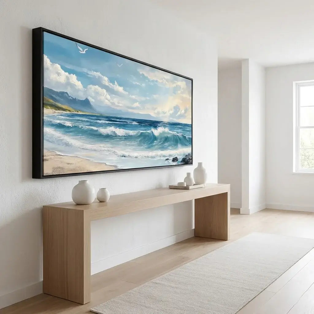 Modern living room with a large wall art, a wooden console table with decorative items, and a light-colored rug.