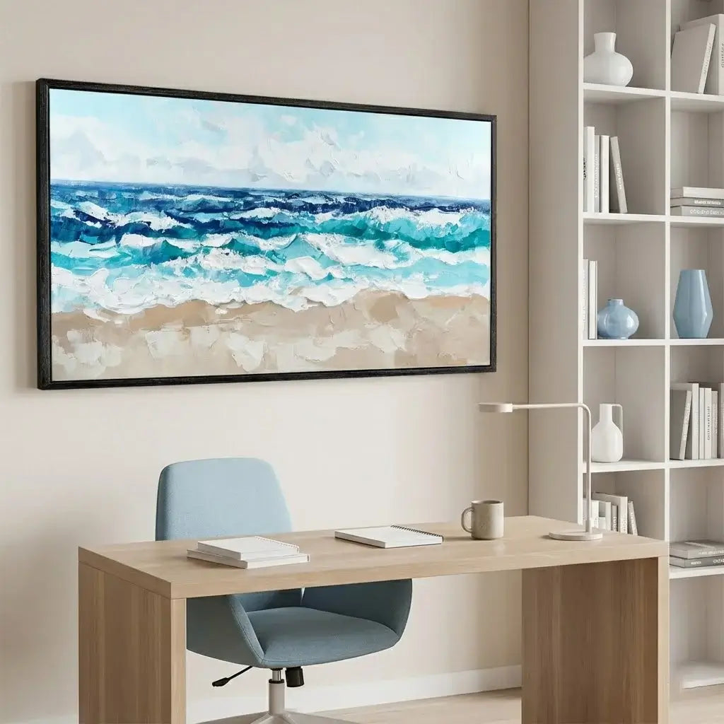 Modern home office with a desk, chair, and wall art of a beach scene.