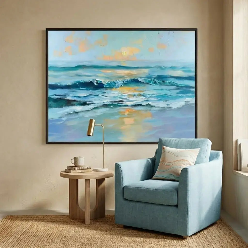 Modern interior with a blue armchair, side table, and abstract ocean painting on the wall.