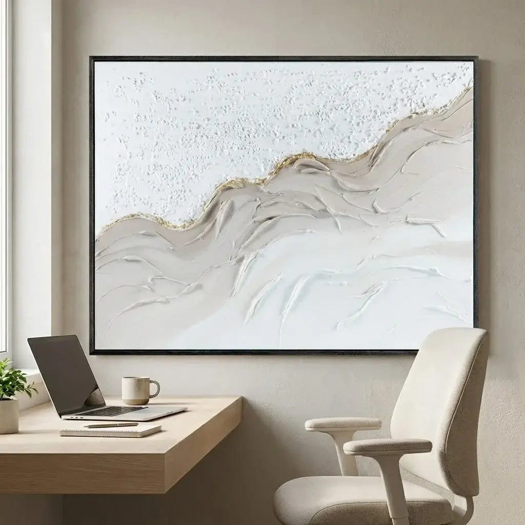 Modern office setup with a desk, chair, and abstract wall art.