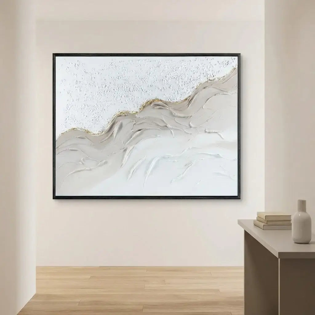 Abstract wall art in a modern interior setting with a desk and decor items.
