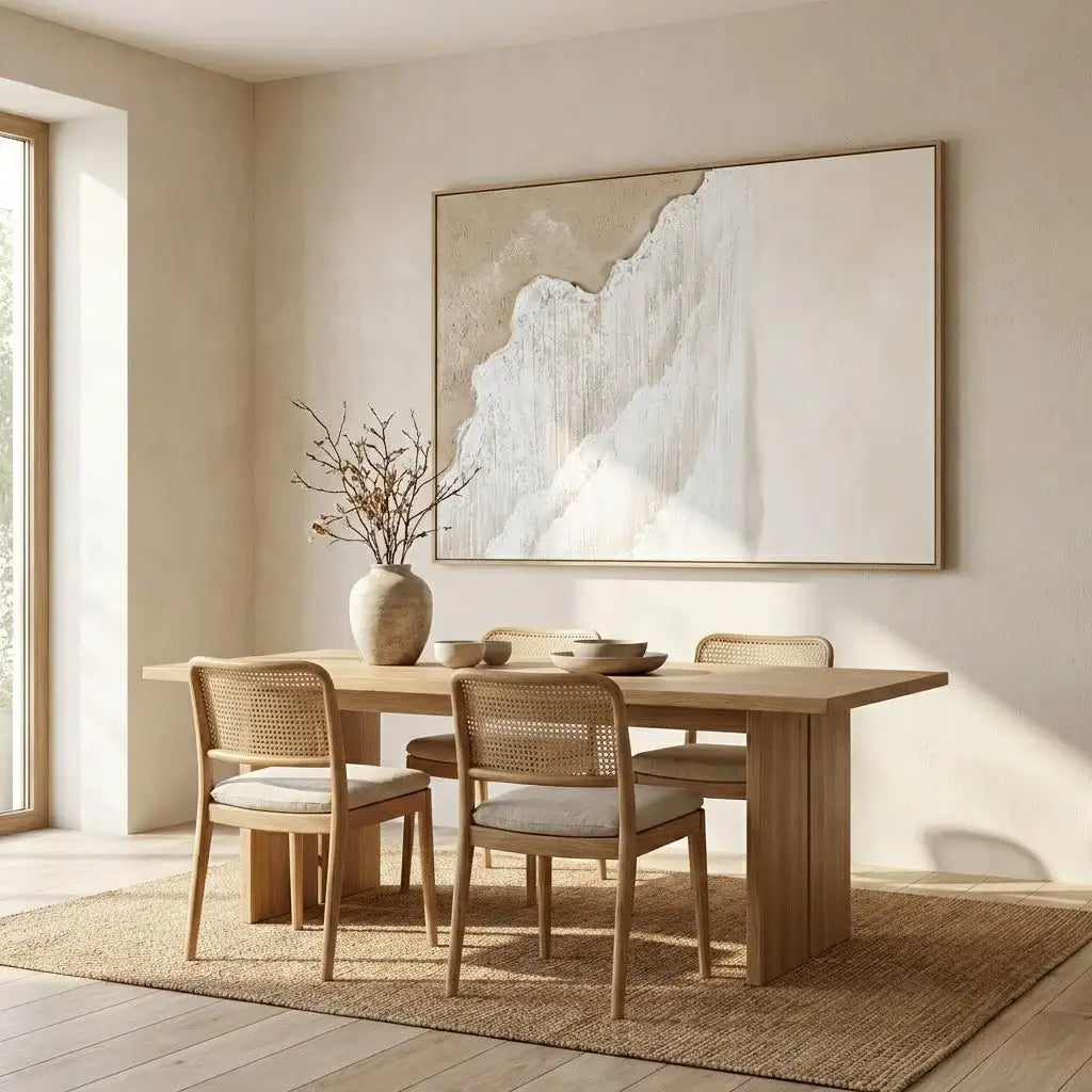 Dining room with wooden table and chairs, abstract art on the wall, and natural light.