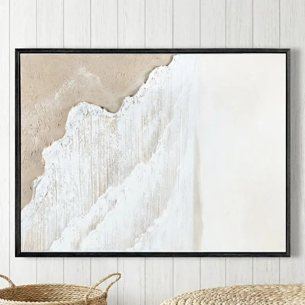 Framed abstract art print on a white wall with a wooden floor.