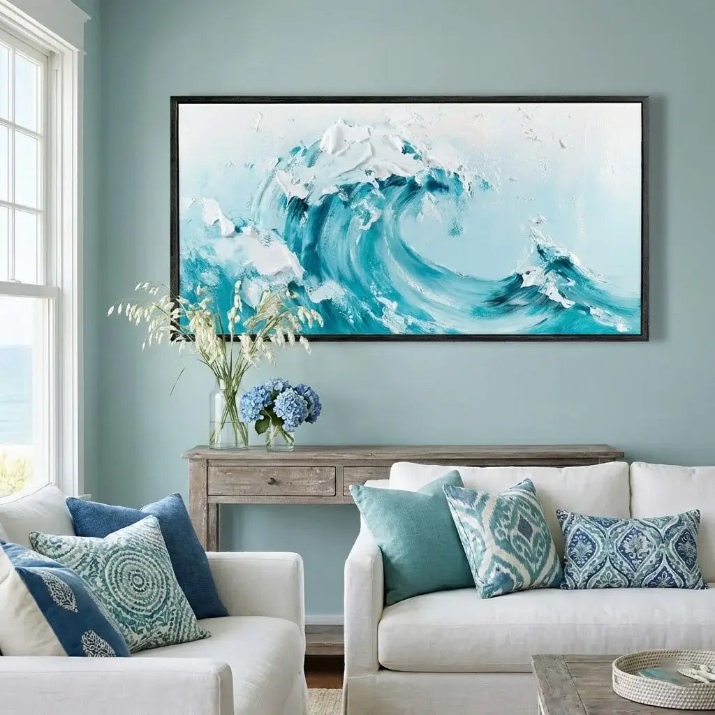 Living room with a large abstract wave painting on the wall, white sofa with patterned cushions, and a small table with flowers.