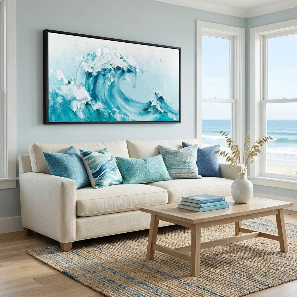 Living room with a beige sofa, coffee table, and large ocean-themed painting on the wall.