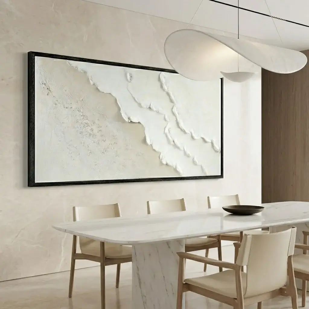Modern dining room with a large abstract painting on the wall.