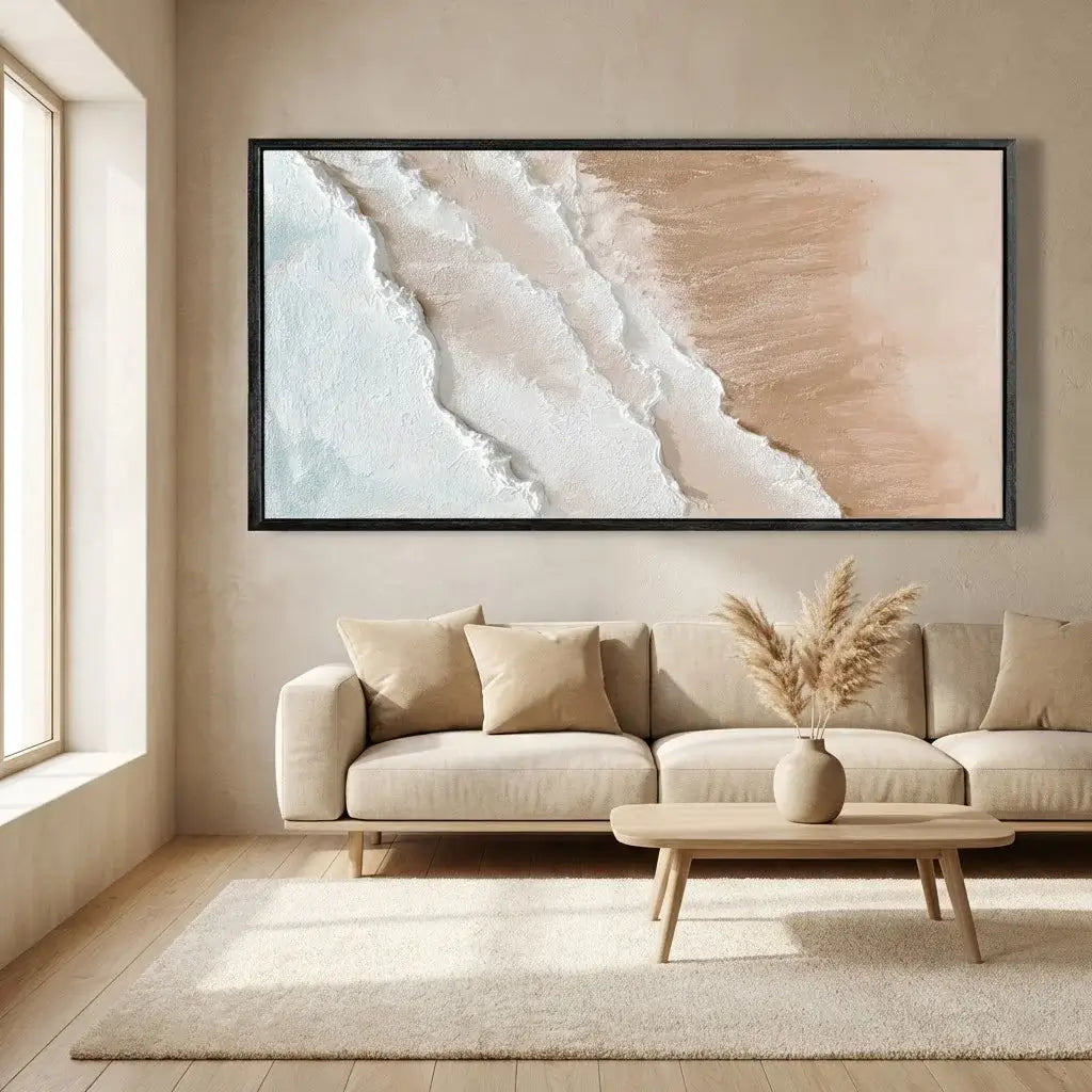 Beige living room with a large framed abstract artwork on the wall above a beige sofa.