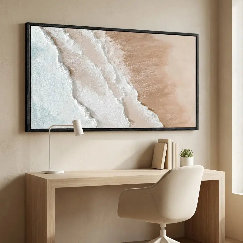 Modern office setup with a desk, chair, and abstract wall art.