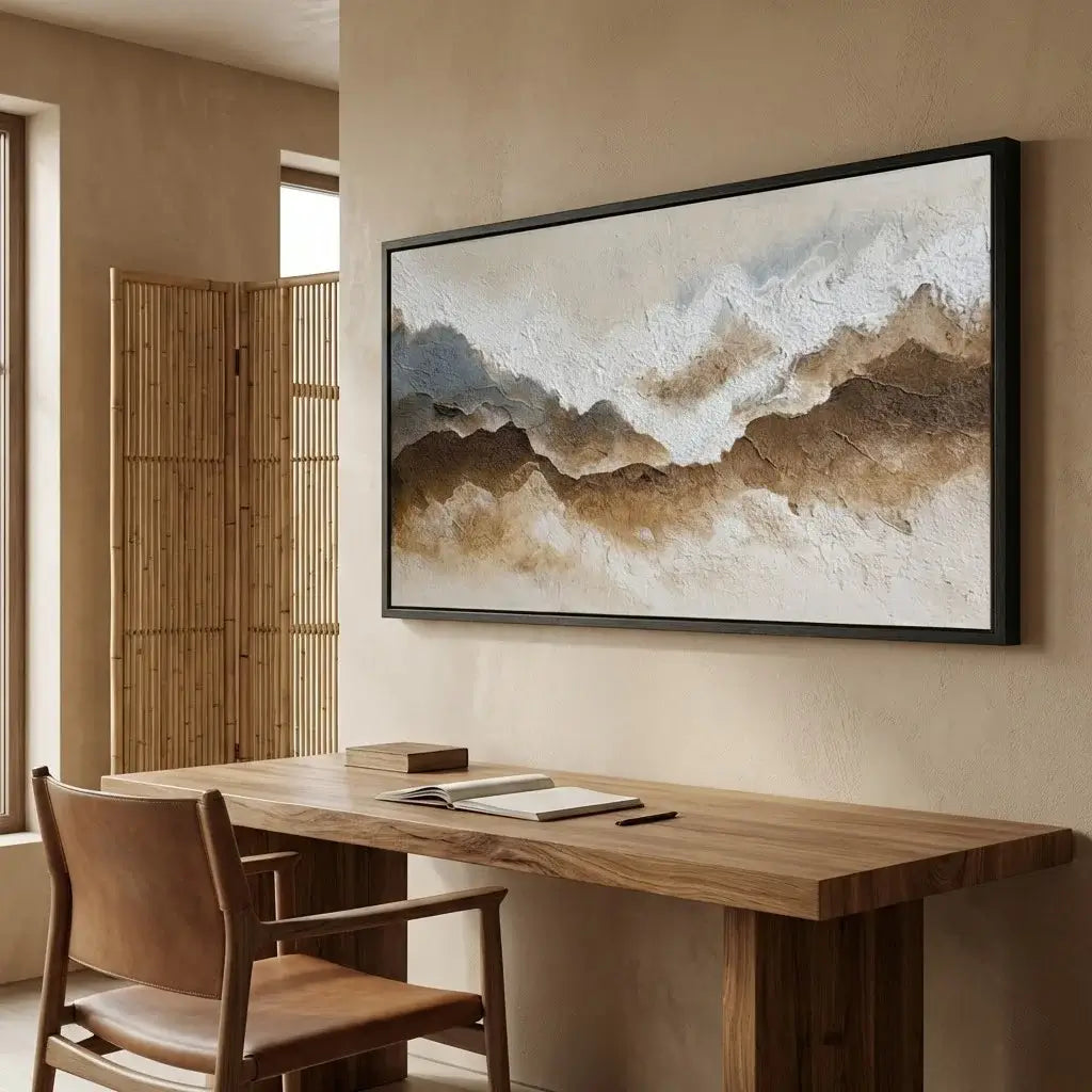 Modern interior with a wooden desk, chair, and abstract wall art.