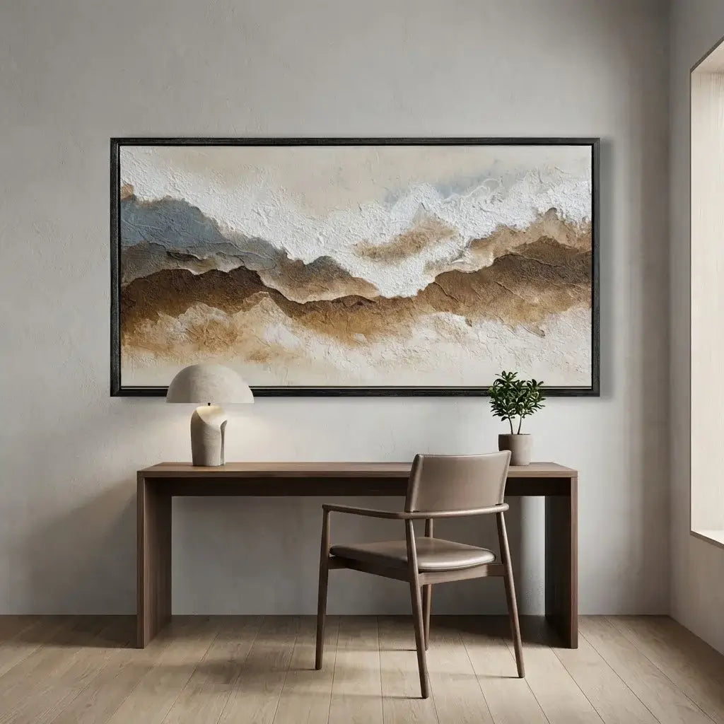 Modern interior with a desk, chair, and abstract wall art