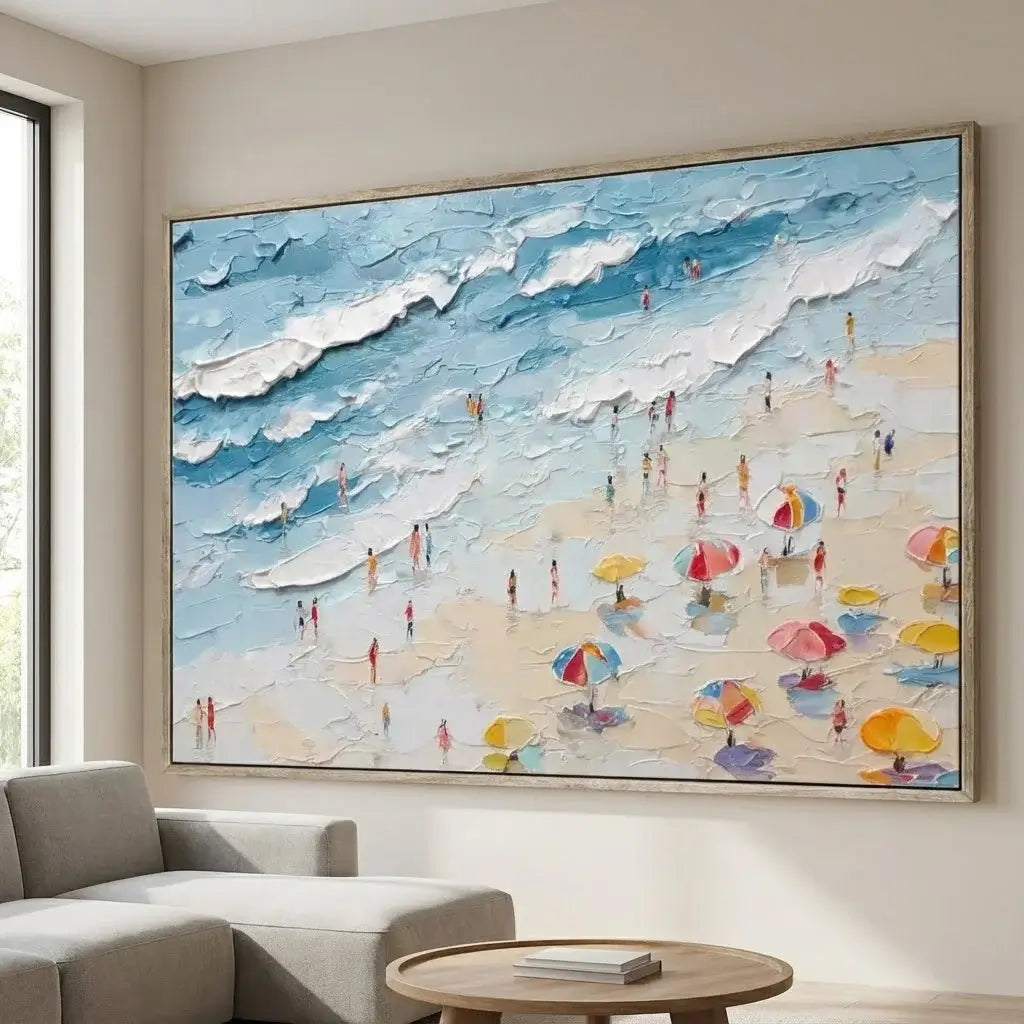 Large abstract painting of a beach scene with people and umbrellas in a living room.