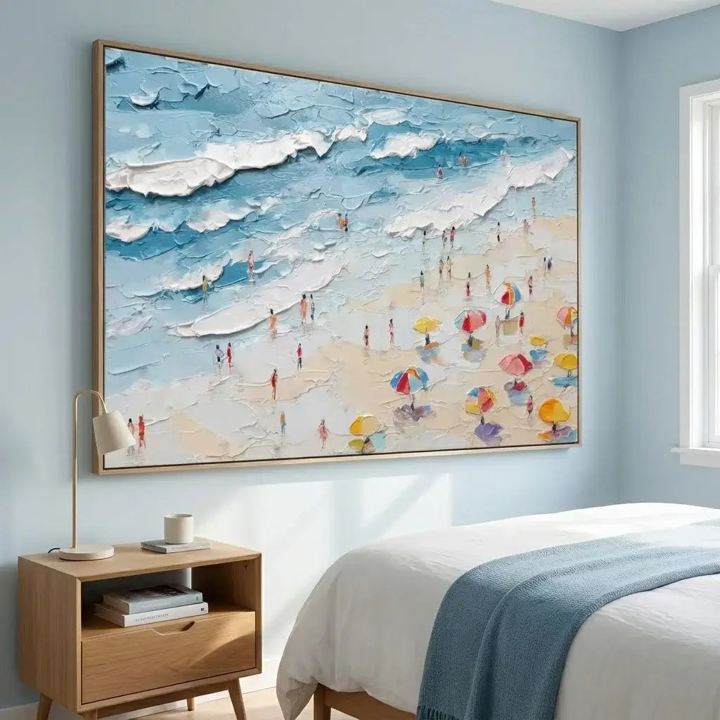 Beach scene painting above a bed in a bedroom with light blue walls.