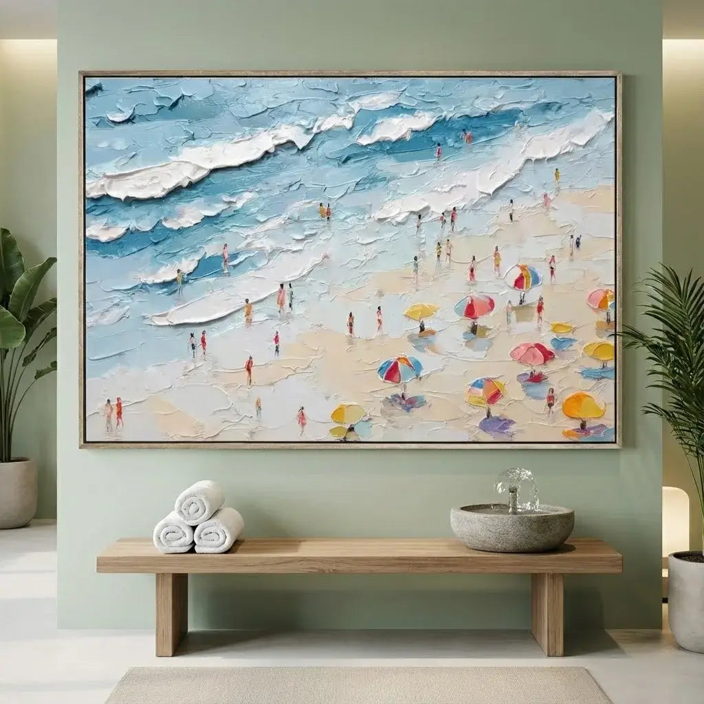 Beach scene painting on a wall above a wooden bench with towels and a bowl.