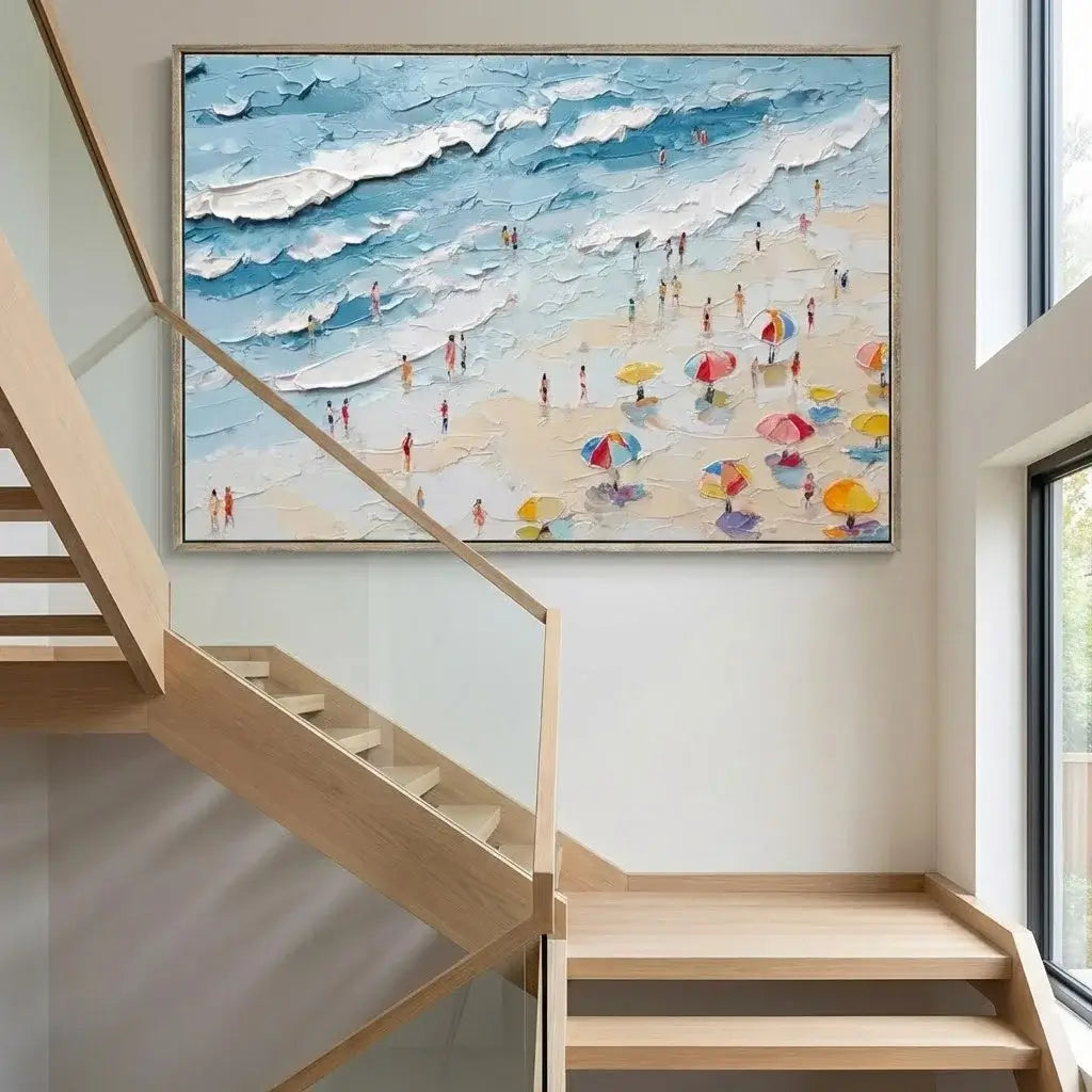 Staircase with a beach scene painting on the wall
