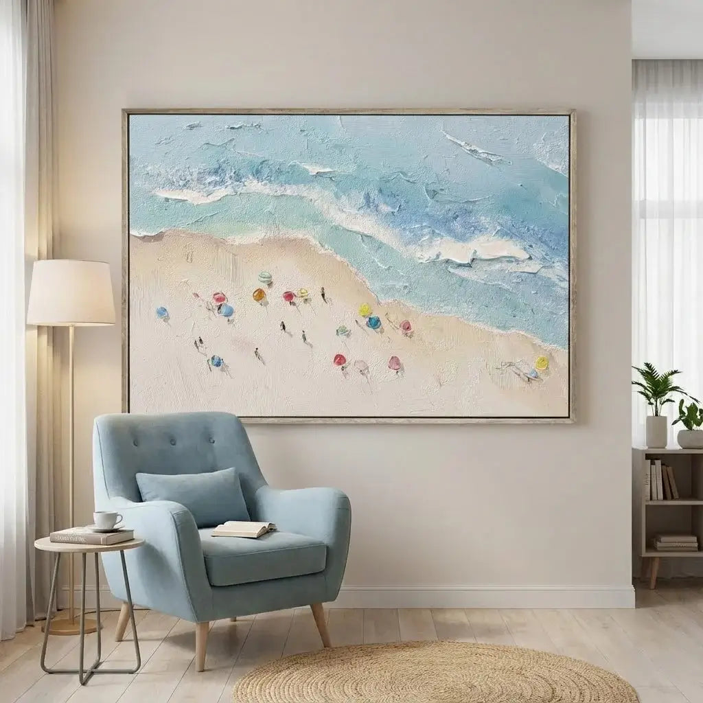 Living room with a blue armchair, side table, and large abstract beach painting on the wall.