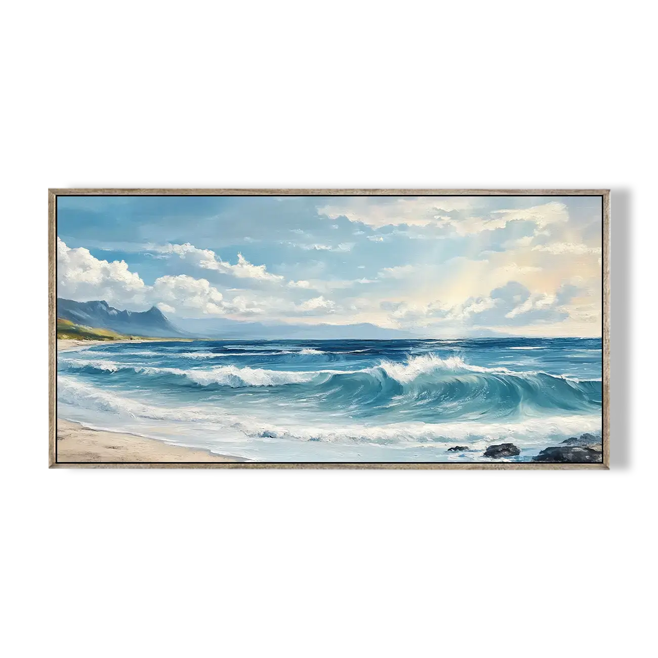 Framed painting of a beach scene with waves and mountains.