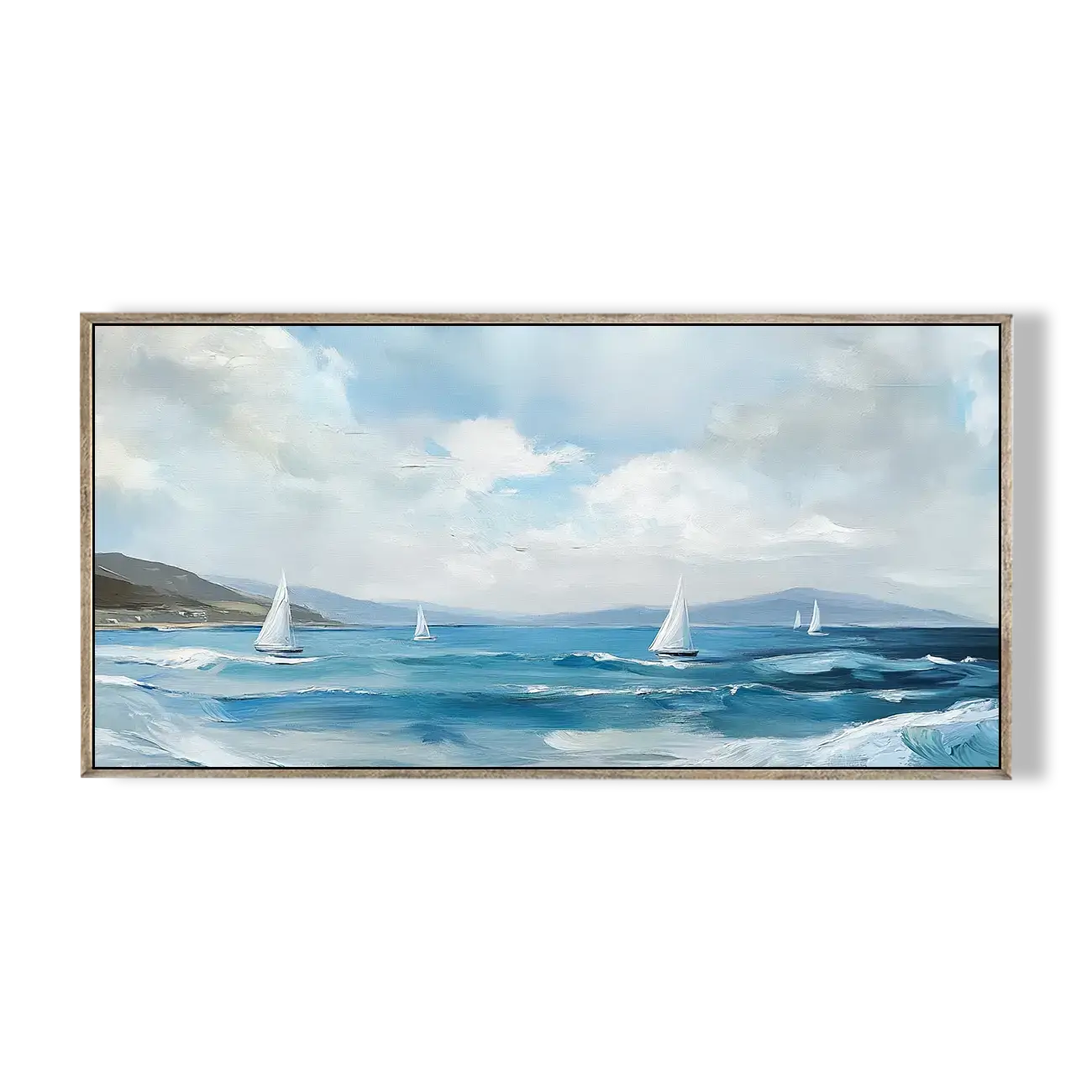 Framed artwork of sailboats on a blue ocean with a white sky.